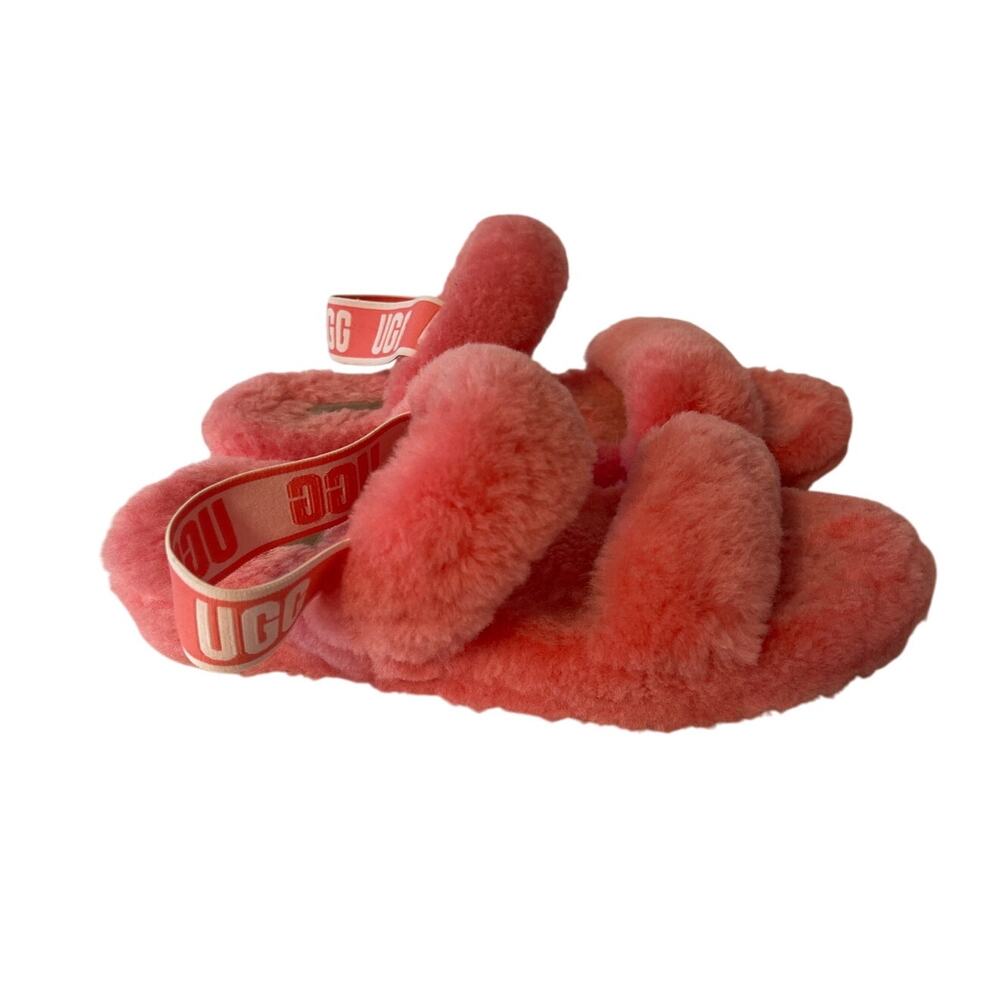 Ugg Oh Yeah Fluff Slide Pink Sheepskin Lining Rubber Outsole Women's 10 Slipper
